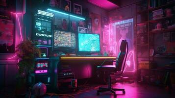 generatief ai, computer Aan de tafel in cyberpunk stijl, nostalgisch jaren 80, jaren 90. neon nacht lichten levendig kleuren, fotorealistisch horizontaal illustratie van de futuristische interieur. technologie concept. foto
