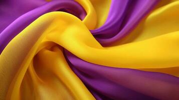 generatief ai, vloeiende chiffon kleding stof structuur in Purper paars en geel kleur. glanzend voorjaar banier, materiaal 3d effect, modern macro fotorealistisch abstract achtergrond illustratie. foto