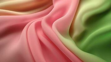 generatief ai, vloeiende chiffon kleding stof structuur in licht roze en groen kleur. glanzend voorjaar banier, materiaal 3d effect, modern macro fotorealistisch abstract achtergrond illustratie foto