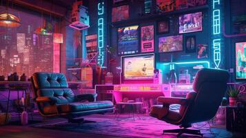 generatief ai, computer Aan de tafel in cyberpunk stijl, nostalgisch jaren 80, jaren 90. neon nacht lichten levendig kleuren, fotorealistisch horizontaal illustratie van de futuristische interieur. technologie concept foto