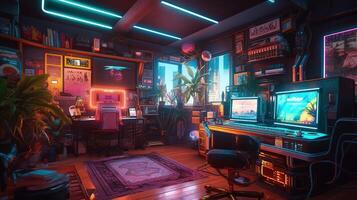 generatief ai, computer Aan de tafel in cyberpunk stijl, nostalgisch jaren 80, jaren 90. neon nacht lichten levendig kleuren, fotorealistisch horizontaal illustratie van de futuristische interieur. technologie concept. foto