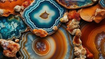 generatief ai, natuurlijk vulkanisch agaat stenen detailopname turkoois, bruin en oranje textuur. behang achtergrond, kwarts marmer, decoratief rots patroon foto