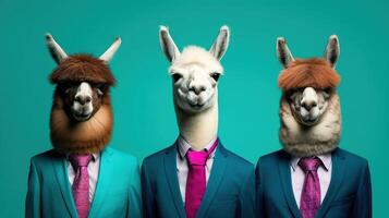 generatief ai, groep van bedrijf alpaca's of lama's, grappig dieren. individualiteit, onafhankelijkheid, denken verschillend, creatief idee, samenspel en vertrouwen. foto