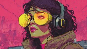 generatief ai, persoon in bril, cyberpunk anime stijl geïnspireerd door josan gonzalez. licht geel en roze kleuren, virtueel realiteit concept foto