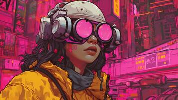 generatief ai, persoon in bril, cyberpunk anime stijl geïnspireerd door josan gonzalez. licht geel en roze kleuren, virtueel realiteit concept foto