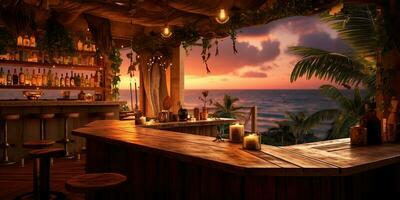 generatief ai, tropisch zomer zonsondergang strand bar achtergrond. buitenshuis restaurant, LED licht kaarsen en houten tafels, stoelen onder mooi zonsondergang lucht, zee visie. foto