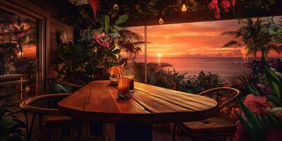 generatief ai, tropisch zomer zonsondergang strand bar achtergrond. buitenshuis restaurant, LED licht kaarsen en houten tafels, stoelen onder mooi zonsondergang lucht, zee visie. foto