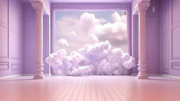 generatief ai, Purper, digitaal lavendel kleur fantastisch 3d wolken Aan de vloer, lucht en landschap. teder kleuren en met helder lichten. foto