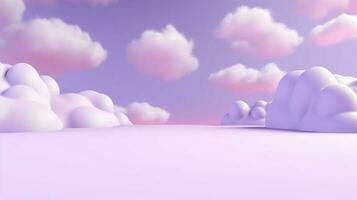 generatief ai, Purper, digitaal lavendel kleur fantastisch 3d wolken Aan de vloer, lucht en landschap. teder kleuren en met helder lichten. foto