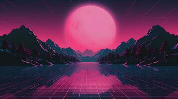 generatief ai, 80s retro futuristische scifi., nostalgisch jaren 90. nacht en zonsondergang neon kleuren, cyberpunk wijnoogst illustratie. zon, bergen en handpalmen. opnieuw magnetron vj videogame landschap. foto