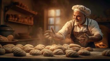 generatief ai, oud Mens handen van bakker in restaurant of huis keuken, bereidt zich voor ecologisch natuurlijk gebakjes. foto