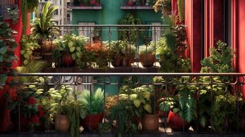 generatief ai, mooi balkon omringd door een tropisch stijl tuin, bloeiend bloemen en groen planten foto