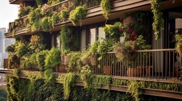 generatief ai, mooi balkon omringd door een tropisch stijl tuin, bloeiend bloemen en groen planten foto