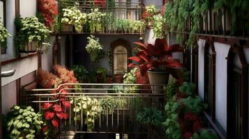 generatief ai, mooi balkon omringd door een tropisch stijl tuin, bloeiend bloemen en groen planten foto