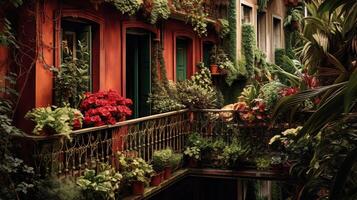 generatief ai, mooi balkon omringd door een tropisch stijl tuin, bloeiend bloemen en groen planten foto