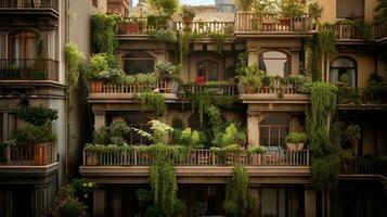 generatief ai, mooi balkon omringd door een tropisch stijl tuin, bloeiend bloemen en groen planten foto