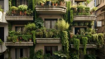 generatief ai, mooi balkon omringd door een tropisch stijl tuin, bloeiend bloemen en groen planten foto