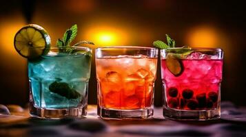 generatief ai, drie verschillend helder cocktails bril Aan de bar donker achtergrond. foto