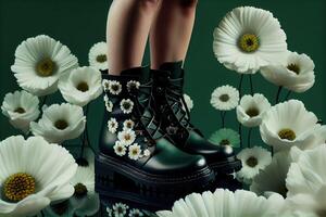 mode voldoet aan natuur laarzen te midden van de bloeit, generatief ai foto