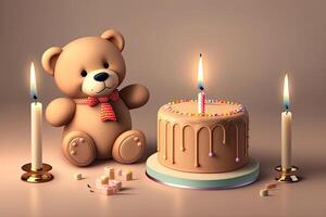 schattig beige teddy beer en verjaardag taart generatief ai foto