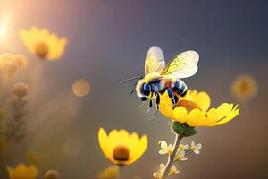 vliegend honing bij en bloem Aan wazig achtergrond generatief ai foto