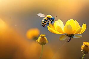 vliegend honing bij en bloem Aan wazig achtergrond generatief ai foto