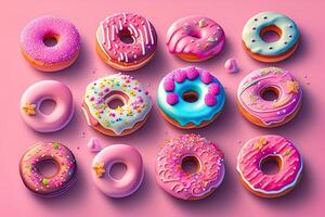 roze donuts met hagelslag. zoet voedsel generatief ai foto