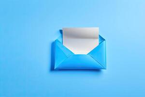 Open blauw envelop met papier generatief ai foto