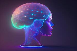 wireframe hologram van futuristische menselijk hersenen generatief ai foto