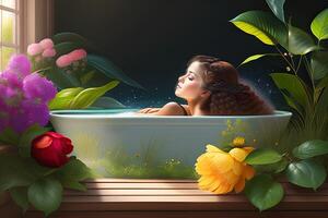 vrouw lezing boek in bad met bloemen generatief ai foto