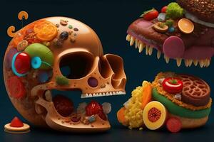anatomie van hoofd, schedel gemaakt met voedsel foto