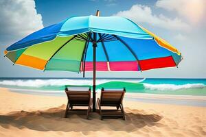 stoelen met paraplu Aan strand generatief ai foto
