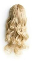 gekruld blond haar- geïsoleerd Aan wit achtergrond. mooi gezond lang blond haar- op slot doen, kapsel, kapsel. geverfd haar- of kleuren, haar- verlenging, genezing, behandeling concept foto