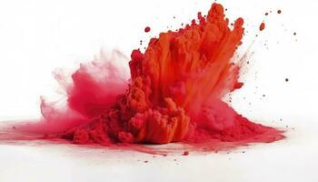 helder rood holi verf kleur poeder festival explosie geïsoleerd wit achtergrond. industrieel afdrukken concept achtergrond, genereren ai foto