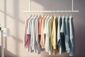 kleurrijk kleren Aan kleding rek, pastel kleurrijk kast in boodschappen doen op te slaan of slaapkamer. regenboog kleur kleren keuze Aan hangers, huis garderobe concept. ai gegenereerd beeld foto