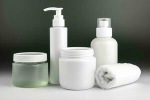 kunstmatig containers, blanco etiket pakket voor branding maquette. hydraterend room, vloeistof zeep of shampoo, tonic, gezicht en lichaam huid zorg. natuurlijk groen biologisch schoonheid Product, genereren ai foto