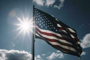 verlicht ons nationaal vlag vliegend en golvend in de wind over- grijs stormachtig bewolkt lucht, symbool van Amerikaans patriottisme, laag hoek, genereren ai foto