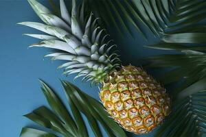 top visie van vers ananas met tropisch bladeren Aan blauw achtergrond. , genereren ai foto