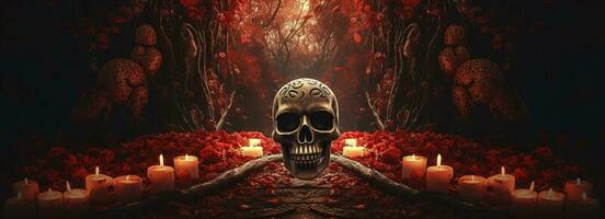 dag van de dood schedels. dia de los muertos. dag van de dood en Mexicaans halloween achtergrond. Mexicaans traditie festival. dag van de dood suiker schedel. dia de los muertos, genereren ai foto