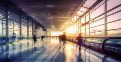 luchthaven gebouw, Internationale terminal, haasten mensen naar land, wazig achtergrond - ai gegenereerd beeld foto