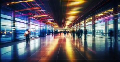 luchthaven gebouw, Internationale terminal, haasten mensen naar land, wazig achtergrond - ai gegenereerd beeld foto