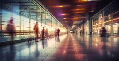 luchthaven gebouw, Internationale terminal, haasten mensen naar land, wazig achtergrond - ai gegenereerd beeld foto