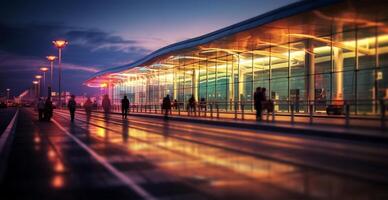 luchthaven gebouw, Internationale terminal, haasten mensen naar land, wazig achtergrond - ai gegenereerd beeld foto