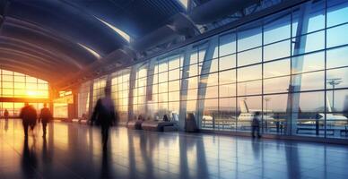 luchthaven gebouw, Internationale terminal, haasten mensen naar land, wazig achtergrond - ai gegenereerd beeld foto