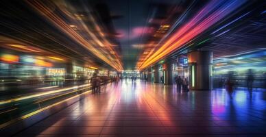 luchthaven gebouw, Internationale terminal, haasten mensen naar land, wazig achtergrond - ai gegenereerd beeld foto