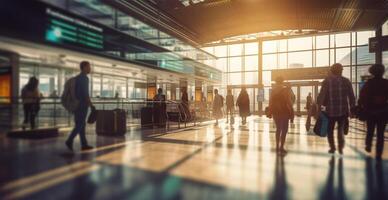 luchthaven gebouw, Internationale terminal, haasten mensen naar land, wazig achtergrond - ai gegenereerd beeld foto