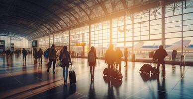 luchthaven gebouw, Internationale terminal, haasten mensen naar land, wazig achtergrond - ai gegenereerd beeld foto