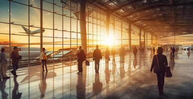 luchthaven gebouw, Internationale terminal, haasten mensen naar land, wazig achtergrond - ai gegenereerd beeld foto