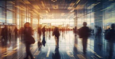 luchthaven gebouw, Internationale terminal, haasten mensen naar land, wazig achtergrond - ai gegenereerd beeld foto