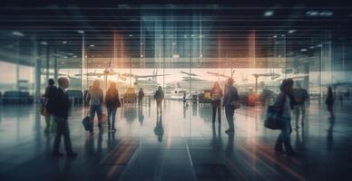 luchthaven gebouw, Internationale terminal, haasten mensen naar land, wazig achtergrond - ai gegenereerd beeld foto